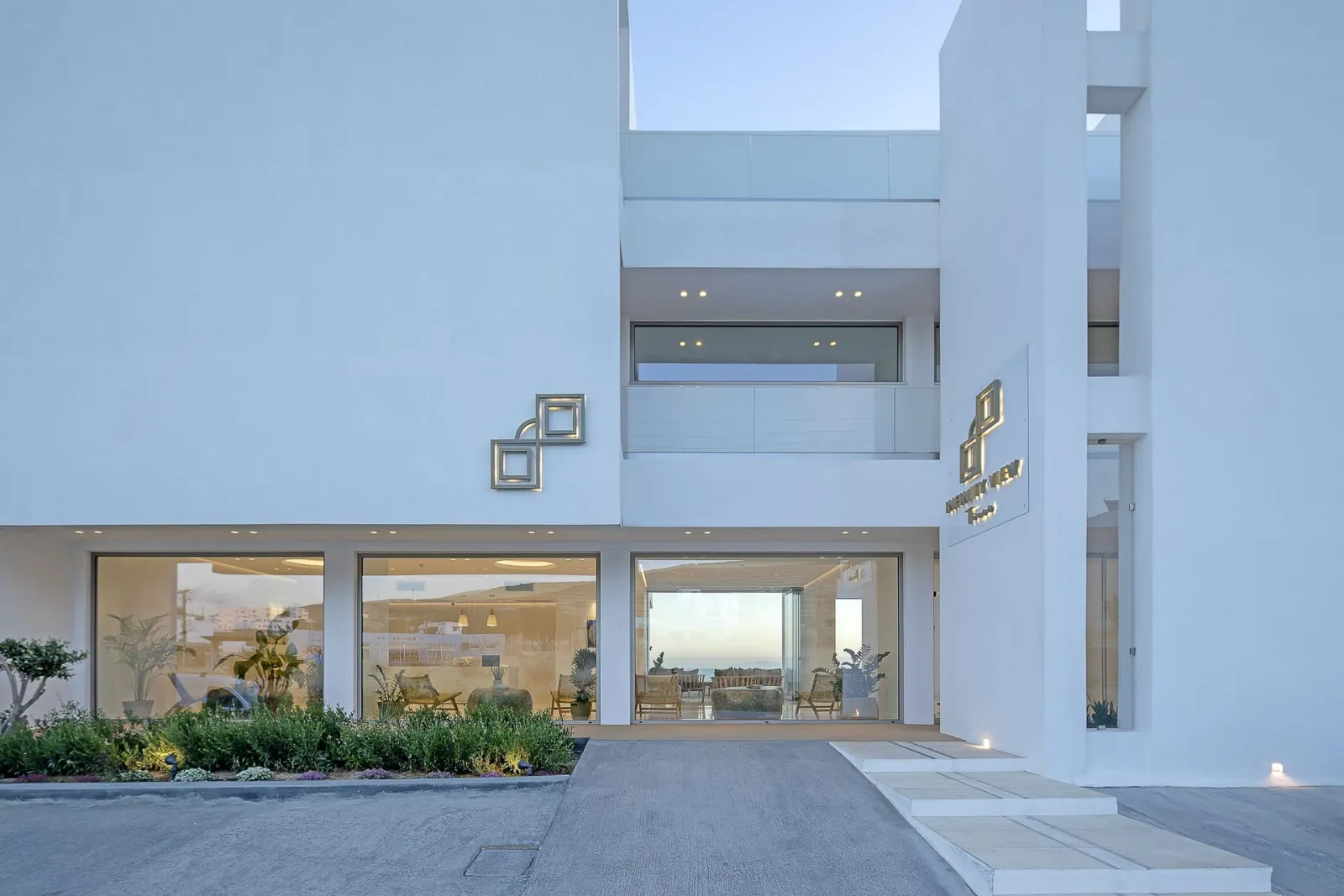 Hotel entrance and parking area
